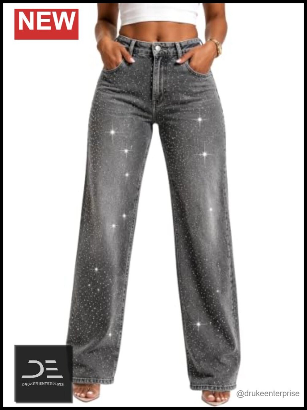 High Waisted Straight Leg Rhinestone Jeans Women Sparkly Y2K Party Denim